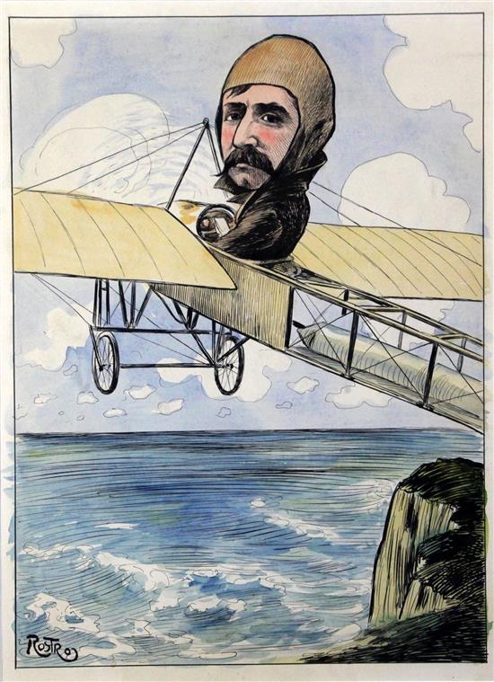 Rostro c.1909 Cartoon of Bleriot in his monoplane flying over the cliffs, 16 x 12in.